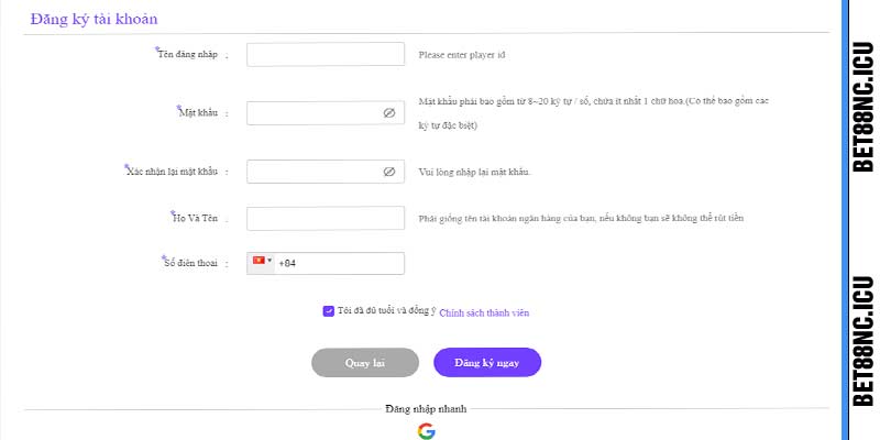 Điền thông tin cần thiết khi đăng ký bet88